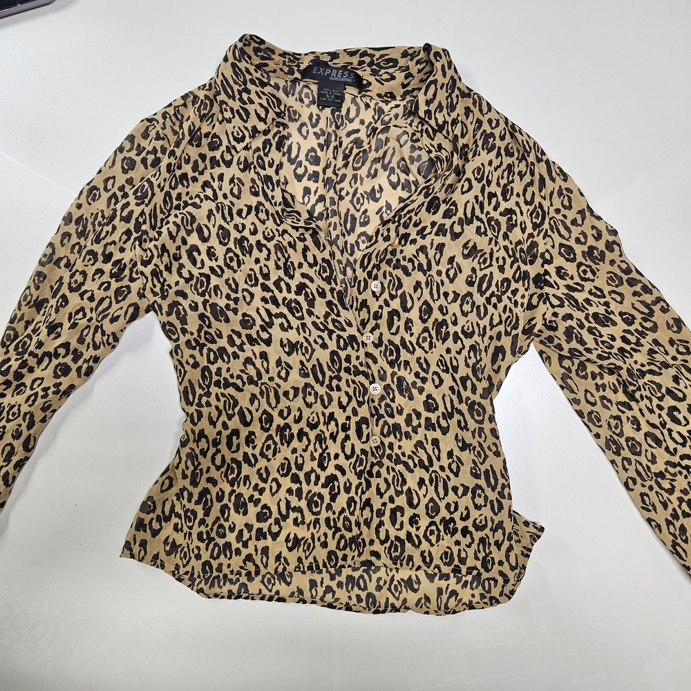Express Silk Leopard Print Button Down Shirt - image 1